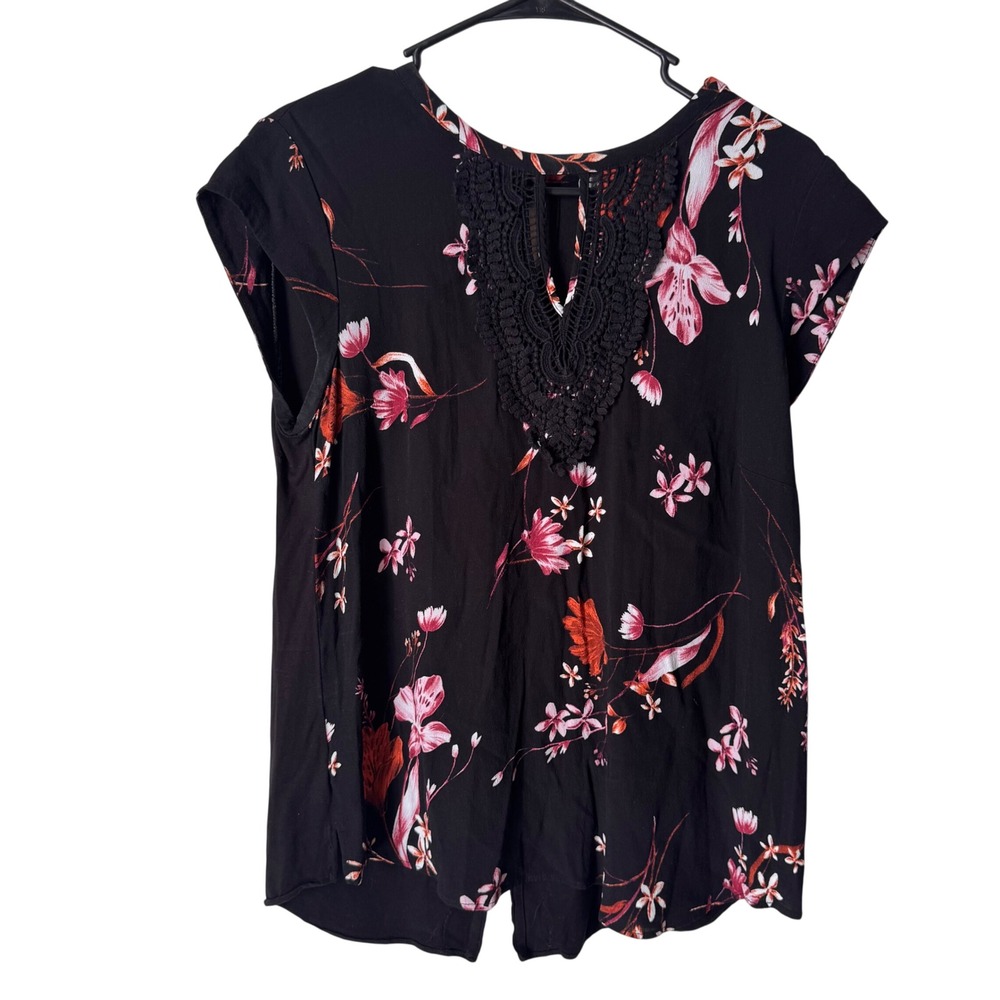Daniel Rainn Black Floral Crochet Lace Split Neck Cap Sleeve Blouse Large
